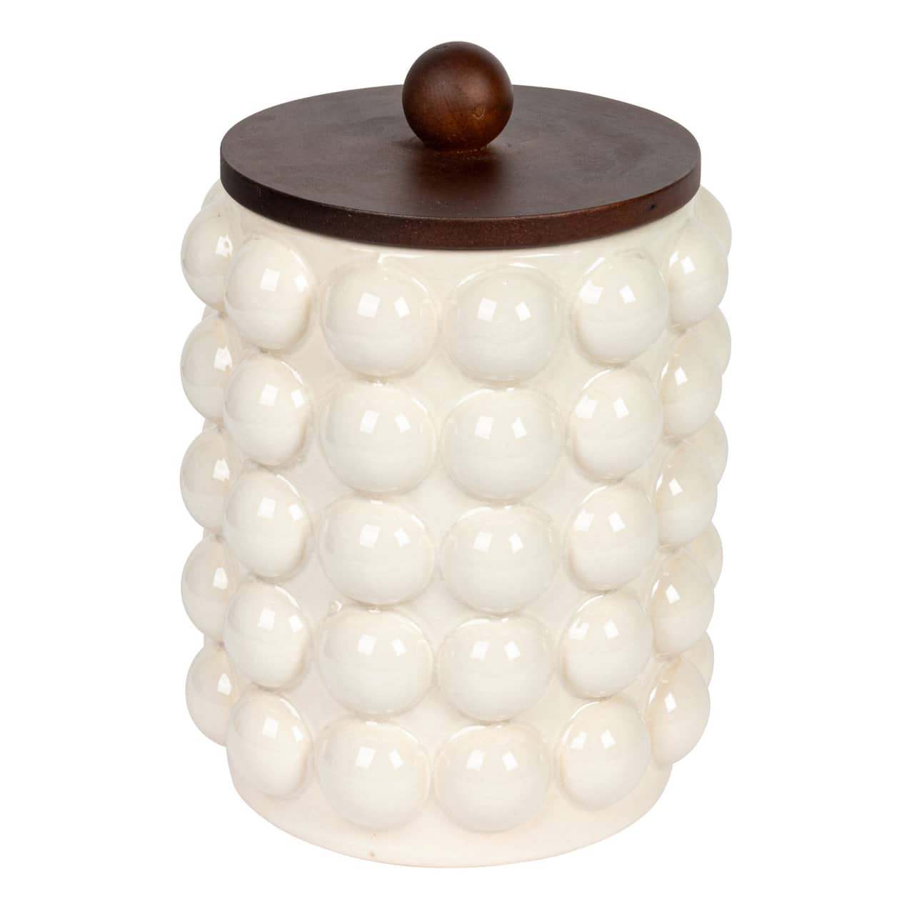 Hello Honey® White Raised Dots Stoneware Canister with Acacia Wood Lid
